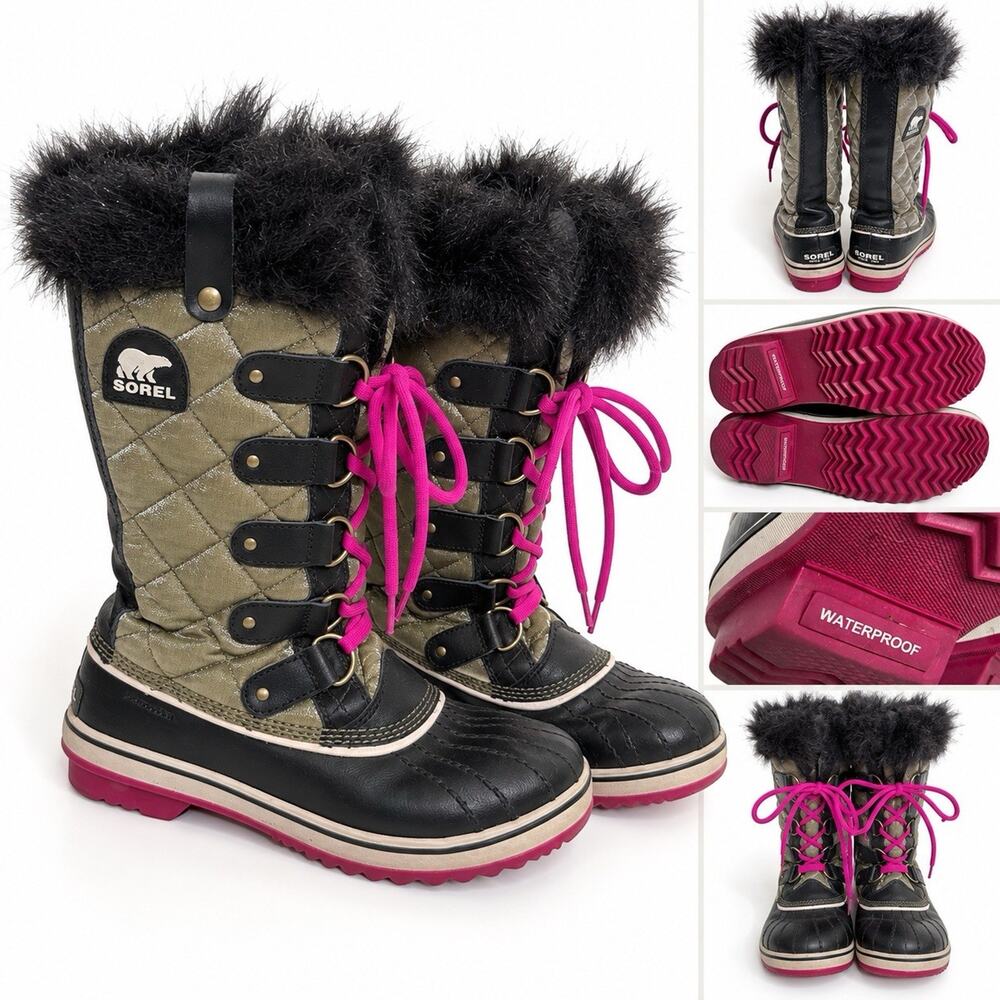 Sorel-Tofino Waterproof Winter Snow Boots 7 Tall Green Pink Laces Faux Fur